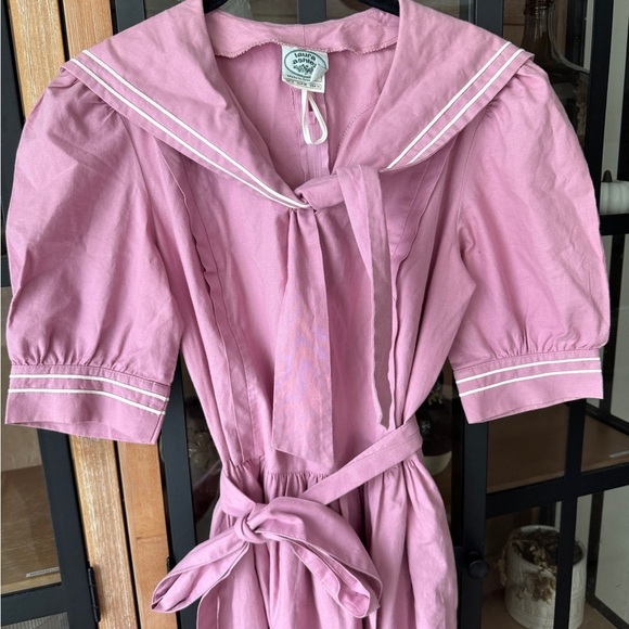 Vintage 1980s Laura Ashley Pink Sailor Dress maxi midi tie front collar peony - Picture 2 of 9